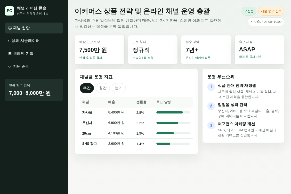 [정규직]이커머스 상품 전략, 온라인 채널 운영 총괄 팀장급