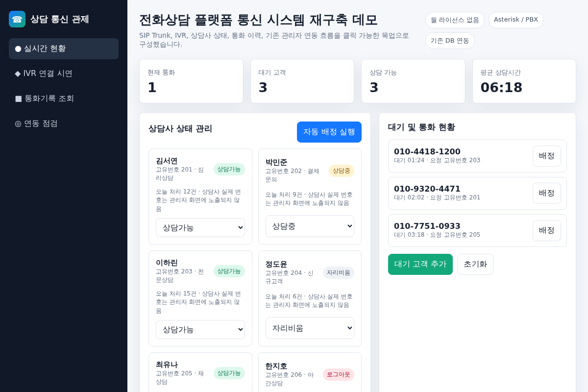 전화상담 플랫폼 통신 시스템(Asterisk/SIP) 재구축 및 연동