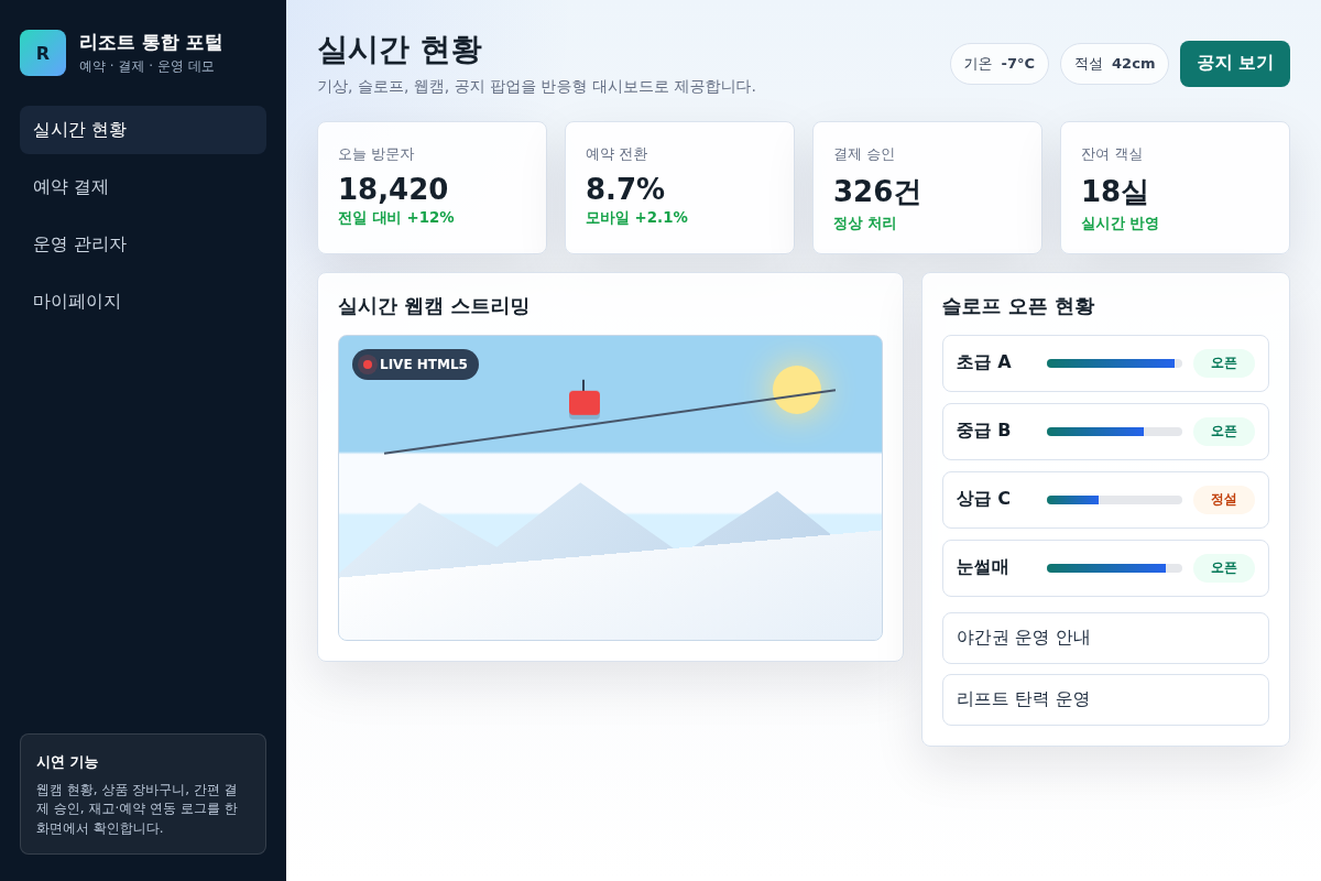리조트 통합 홈페이지 반응형 리뉴얼 및 ERP 연동 결제 예약 시스템 구축