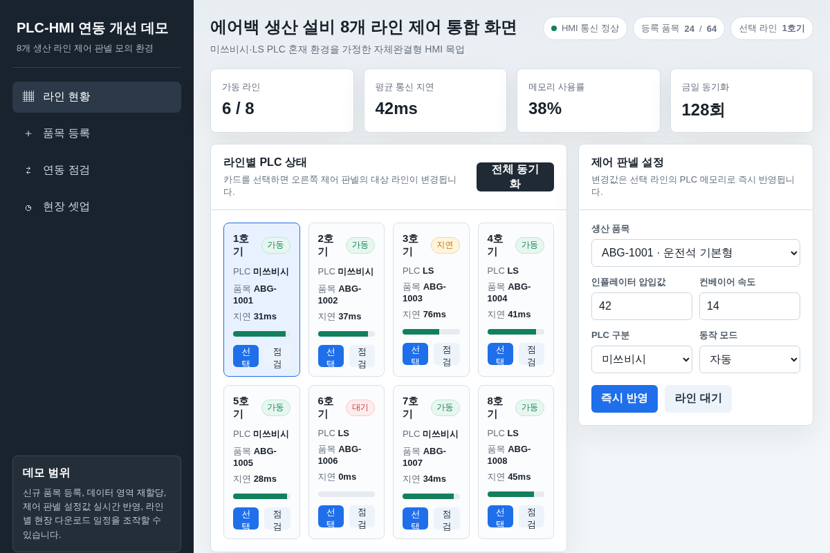 에어백 생산 설비 8개 라인 PLC 제어 판넬 연동 및 품목 추가 기능 개선