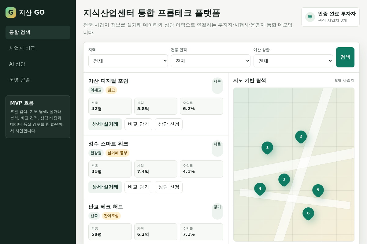 지식산업센터 통합 프롭테크 플랫폼(지산 GO) 1차 MVP 웹 구축